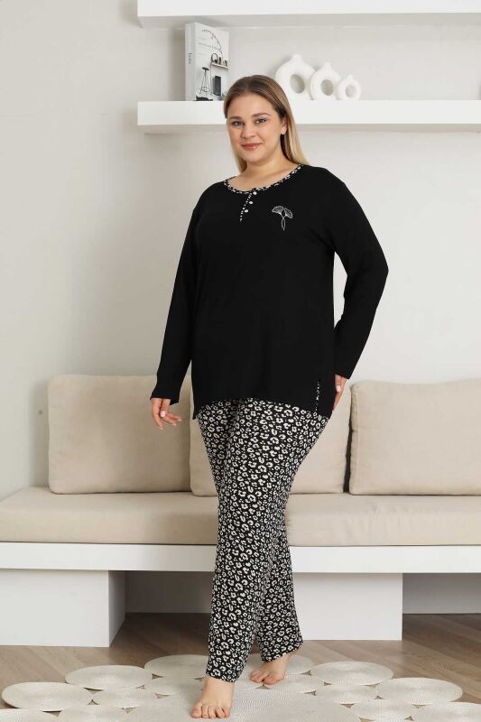 Nakışlı Kadın Pijama Takımı - Siyah Büyük Beden Uzun Kol Likralı Bambu Viskon 2857UYB - 2