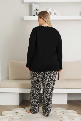 Nakışlı Kadın Pijama Takımı - Siyah Büyük Beden Uzun Kol Likralı Bambu Viskon 2857UYB - 4