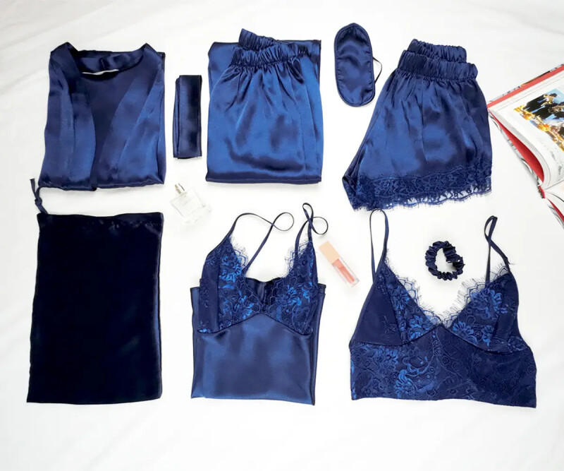 İpek Saten 8 li Çeyizlik Pijama Seti - Lacivert Dantelli Sabahlık Gecelik Şort 8000MS - Miss Merveille