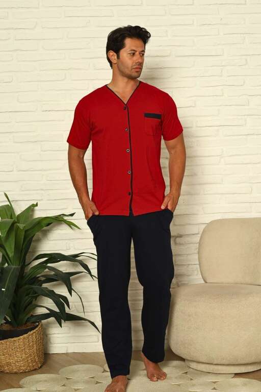 Önden Düğmeli Erkek Pijama Takımı - Bordo Kısa Kol Likralı Pamuk 1230KY - 4