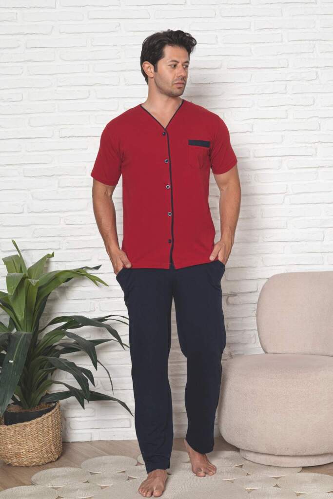 Önden Düğmeli Erkek Pijama Takımı - Bordo Kısa Kol Likralı Pamuk 1230KY - 4