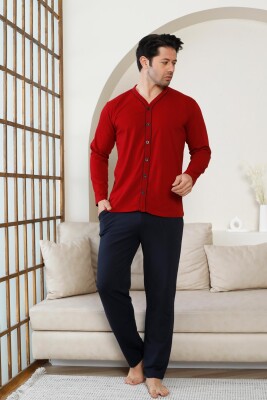 Önden Düğmeli Erkek Pijama Takımı - Bordo Uzun Kol Likralı Pamuk 1214UY - Alimer