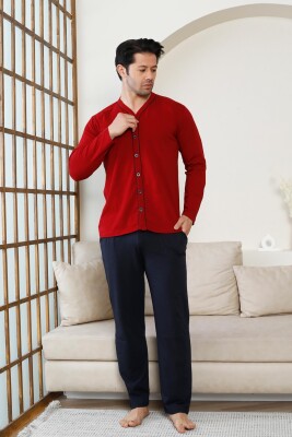 Önden Düğmeli Erkek Pijama Takımı - Bordo Uzun Kol Likralı Pamuk 1214UY - Alimer (1)