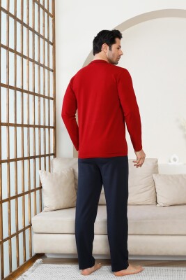 Önden Düğmeli Erkek Pijama Takımı - Bordo Uzun Kol Likralı Pamuk 1214UY - 5