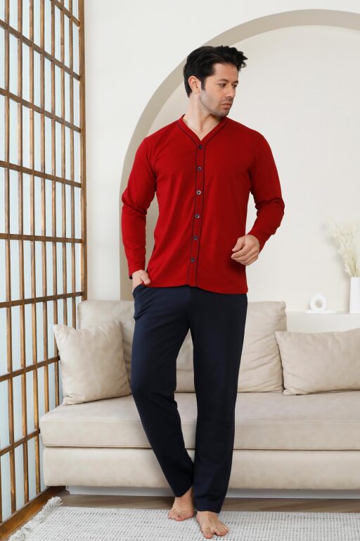 Önden Düğmeli Erkek Pijama Takımı - Bordo Uzun Kol Likralı Pamuk 1214UY - Alimer