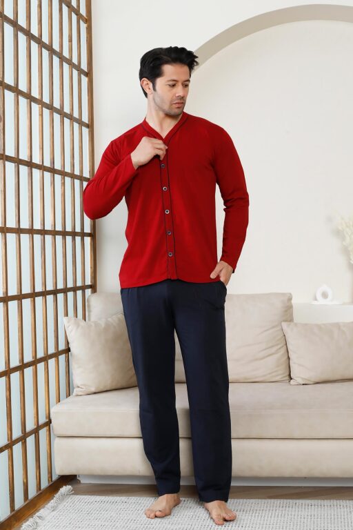 Önden Düğmeli Erkek Pijama Takımı - Bordo Uzun Kol Likralı Pamuk 1214UY - 3