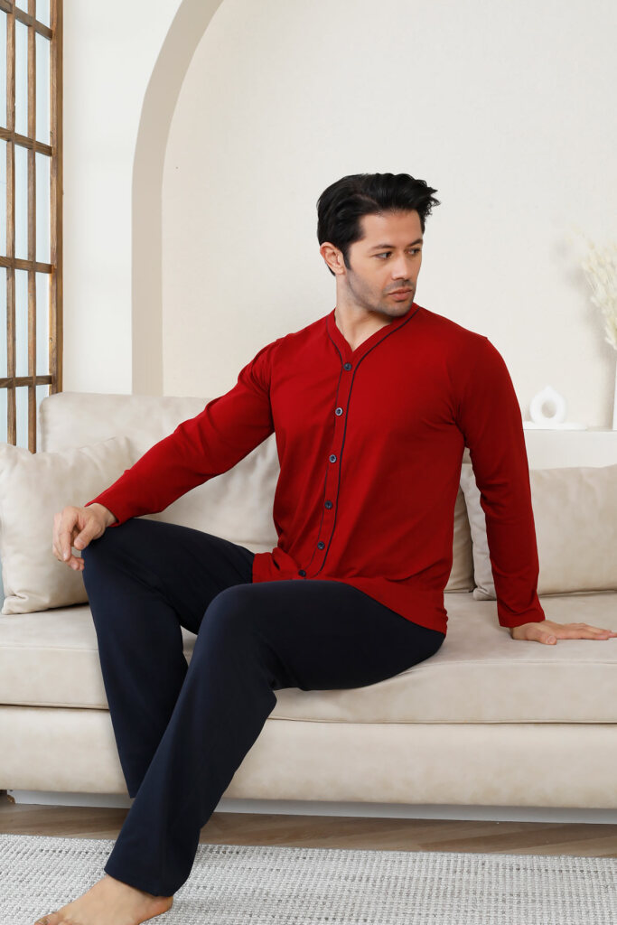 Önden Düğmeli Erkek Pijama Takımı - Bordo Uzun Kol Likralı Pamuk 1214UY - 4