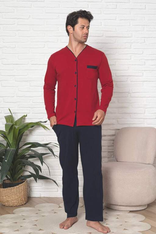 Önden Düğmeli Erkek Pijama Takımı - Bordo Uzun Kol Likralı Pamuk 1230UY - Alimer