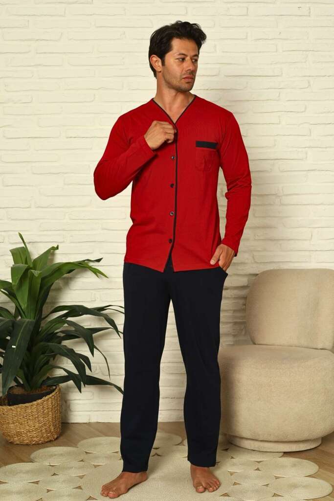 Önden Düğmeli Erkek Pijama Takımı - Bordo Uzun Kol Likralı Pamuk 1230UY - 3