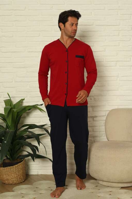 Önden Düğmeli Erkek Pijama Takımı - Bordo Uzun Kol Likralı Pamuk 1230UY - 4