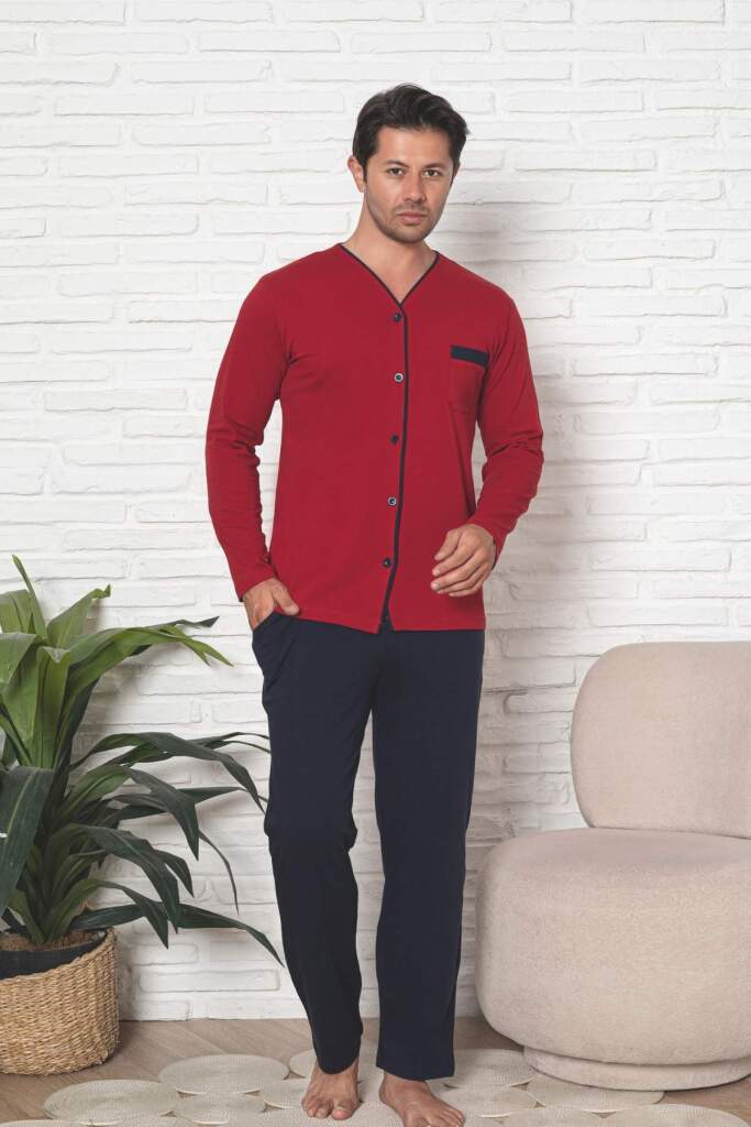 Önden Düğmeli Erkek Pijama Takımı - Bordo Uzun Kol Likralı Pamuk 1230UY - 3