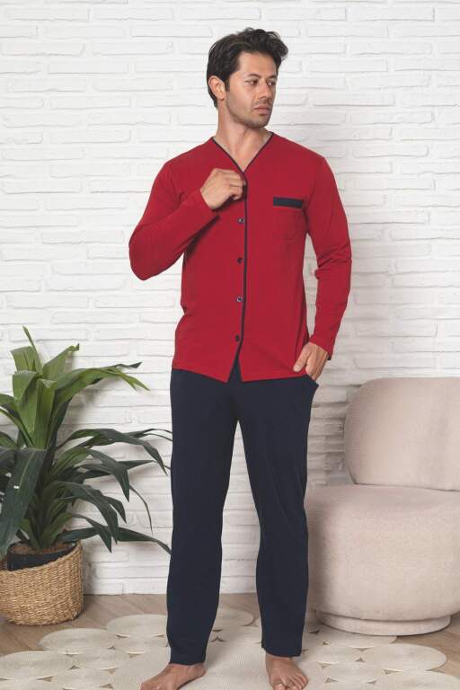 Önden Düğmeli Erkek Pijama Takımı - Bordo Uzun Kol Likralı Pamuk 1230UY - 4