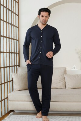 Önden Düğmeli Erkek Pijama Takımı - Lacivert Uzun Kol Likralı Pamuk 1214UY - Alimer