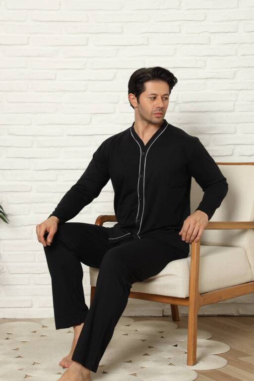 Önden Düğmeli Erkek Pijama Takımı - Lacivert Uzun Kol Likralı Pamuk 1214UY - Alimer (1)