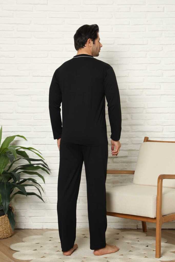 Önden Düğmeli Erkek Pijama Takımı - Lacivert Uzun Kol Likralı Pamuk 1214UY - 4