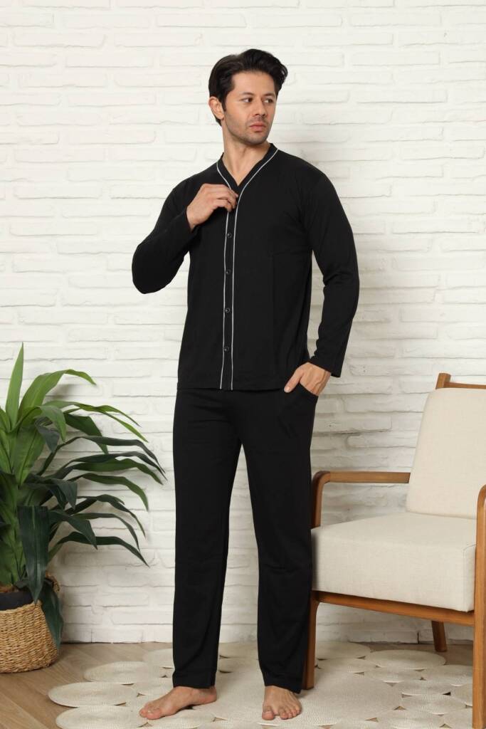 Önden Düğmeli Erkek Pijama Takımı - Lacivert Uzun Kol Likralı Pamuk 1214UY - 3