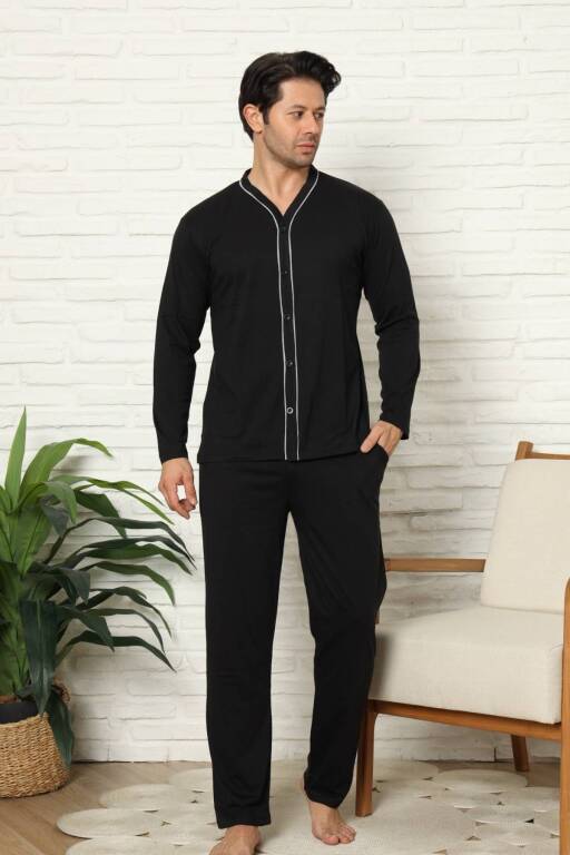 Önden Düğmeli Erkek Pijama Takımı - Lacivert Uzun Kol Likralı Pamuk 1214UY - Alimer