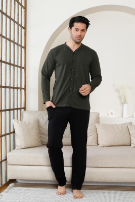 Önden Düğmeli Erkek Pijama Takımı - Haki Uzun Kol Likralı Pamuk 1214UY - Alimer