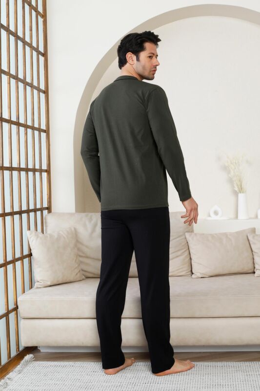 Önden Düğmeli Erkek Pijama Takımı - Haki Uzun Kol Likralı Pamuk 1214UY - 5