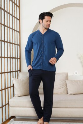 Önden Düğmeli Erkek Pijama Takımı -İndigo Uzun Kol Likralı Pamuk 1214UY - Alimer