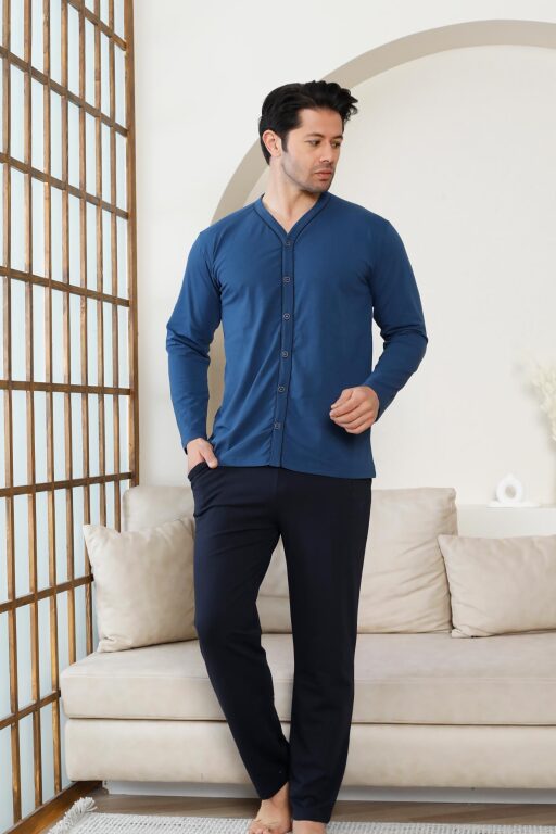 Önden Düğmeli Erkek Pijama Takımı -İndigo Uzun Kol Likralı Pamuk 1214UY - Alimer