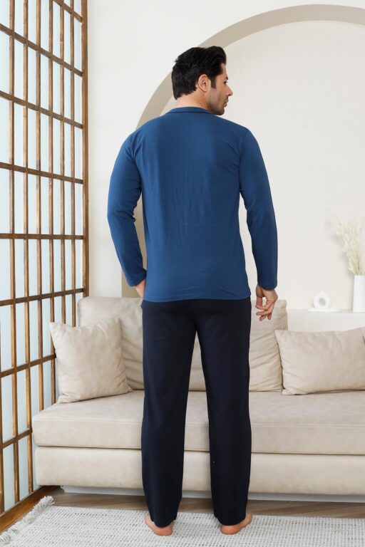 Önden Düğmeli Erkek Pijama Takımı -İndigo Uzun Kol Likralı Pamuk 1214UY - 4