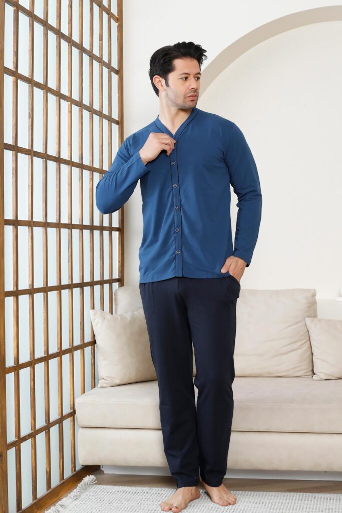 Önden Düğmeli Erkek Pijama Takımı -İndigo Uzun Kol Likralı Pamuk 1214UY - 2