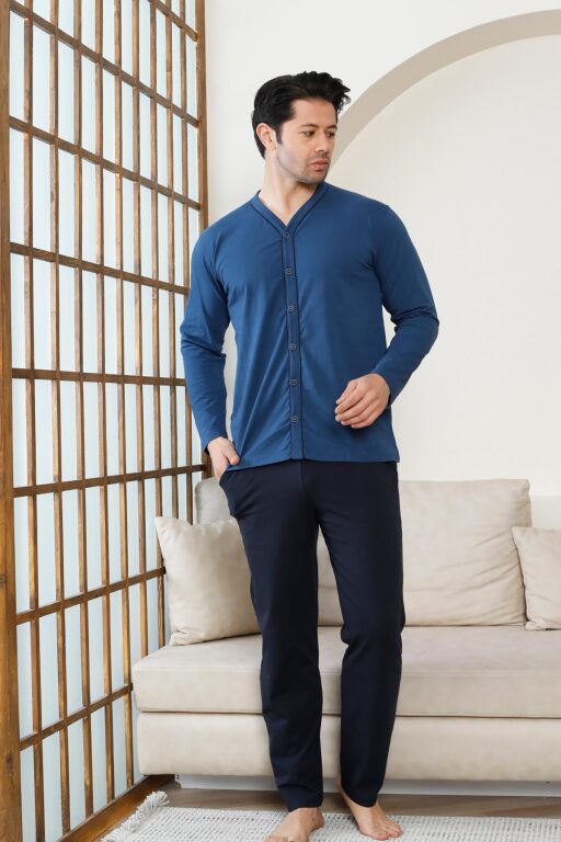 Önden Düğmeli Erkek Pijama Takımı -İndigo Uzun Kol Likralı Pamuk 1214UY - 3