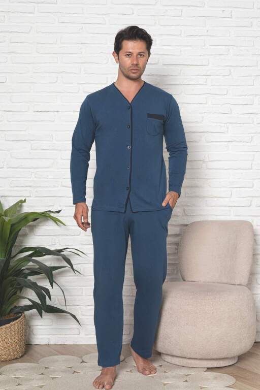 Önden Düğmeli Erkek Pijama Takımı - İndigo Uzun Kol Likralı Pamuk 1230UY - Alimer