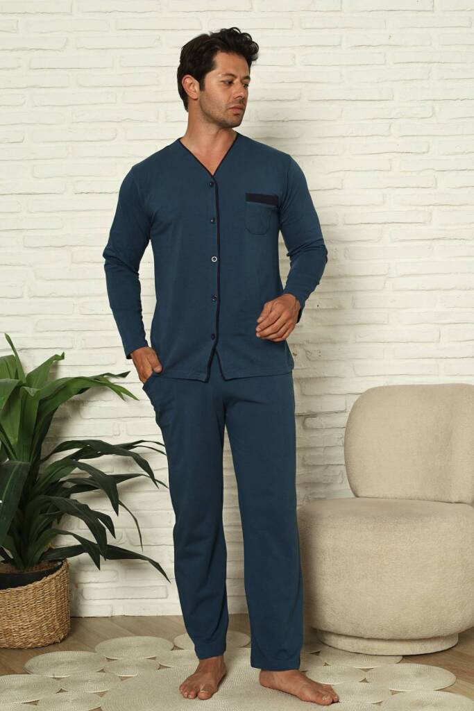 Önden Düğmeli Erkek Pijama Takımı - İndigo Uzun Kol Likralı Pamuk 1230UY - 3