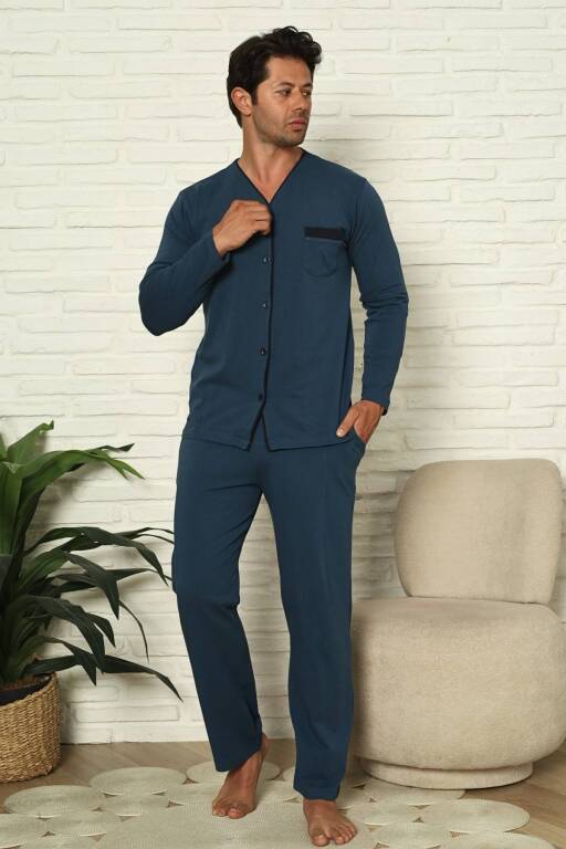 Önden Düğmeli Erkek Pijama Takımı - İndigo Uzun Kol Likralı Pamuk 1230UY - Alimer (1)