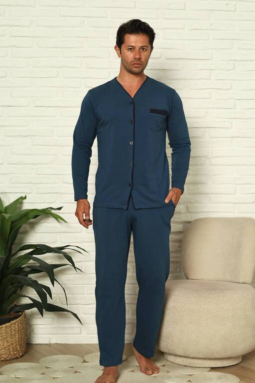 Önden Düğmeli Erkek Pijama Takımı - İndigo Uzun Kol Likralı Pamuk 1230UY - Alimer