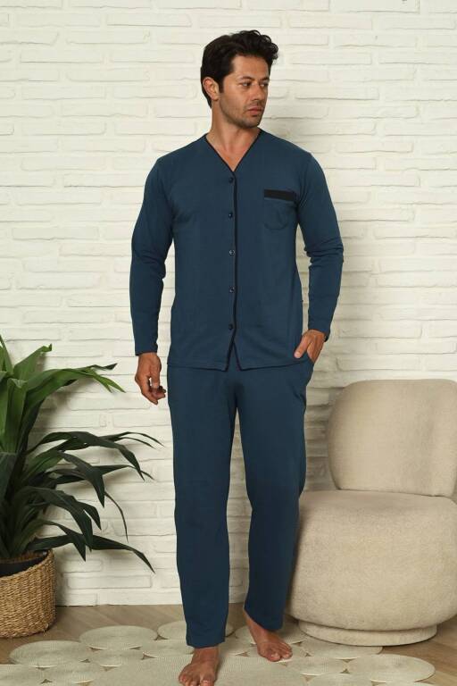 Önden Düğmeli Erkek Pijama Takımı - İndigo Uzun Kol Likralı Pamuk 1230UY - 4