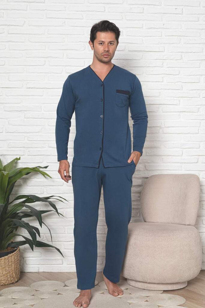 Önden Düğmeli Erkek Pijama Takımı - İndigo Uzun Kol Likralı Pamuk 1230UY - 1