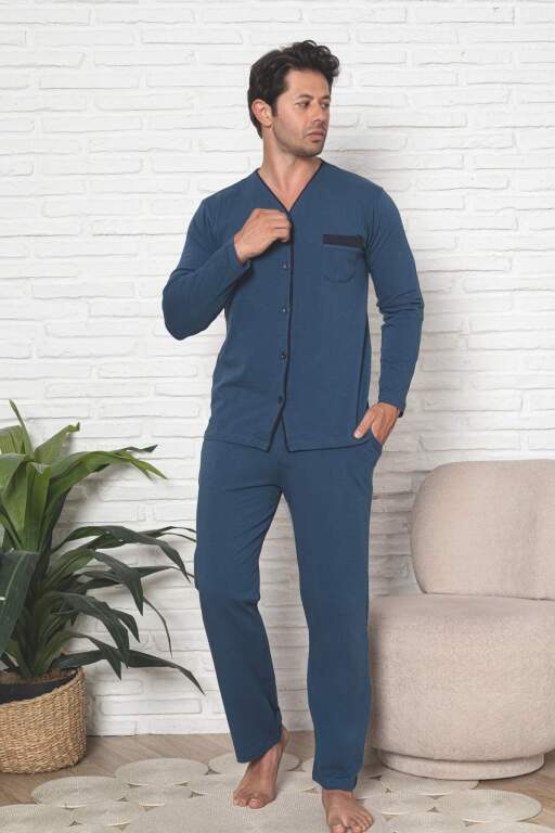 Önden Düğmeli Erkek Pijama Takımı - İndigo Uzun Kol Likralı Pamuk 1230UY - 3