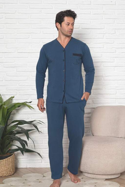 Önden Düğmeli Erkek Pijama Takımı - İndigo Uzun Kol Likralı Pamuk 1230UY - 4