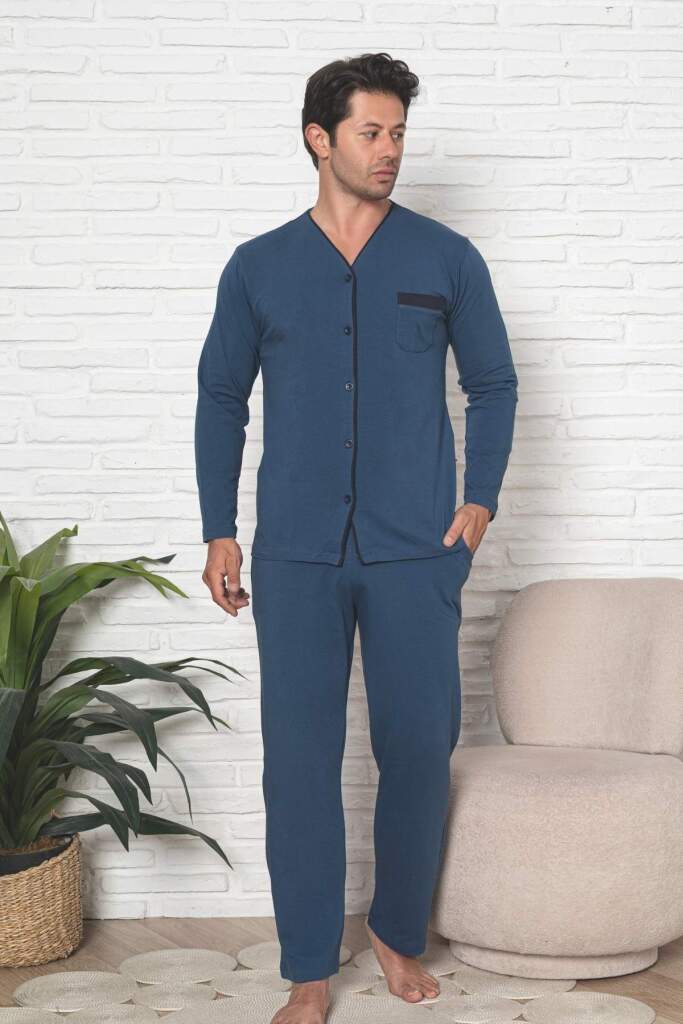 Önden Düğmeli Erkek Pijama Takımı - İndigo Uzun Kol Likralı Pamuk 1230UY - 4