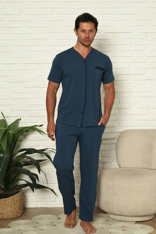 Önden Düğmeli Erkek Pijama Takımı - İndigo Kısa Kol Likralı Pamuk 1230KY - 3