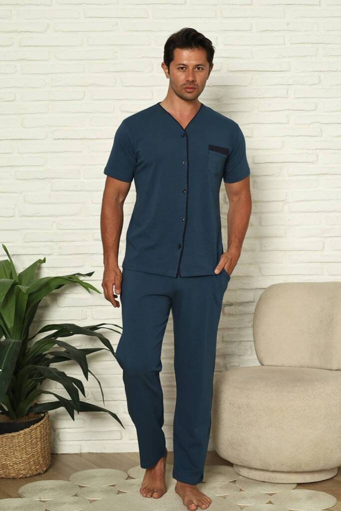 Önden Düğmeli Erkek Pijama Takımı - İndigo Kısa Kol Likralı Pamuk 1230KY - 3