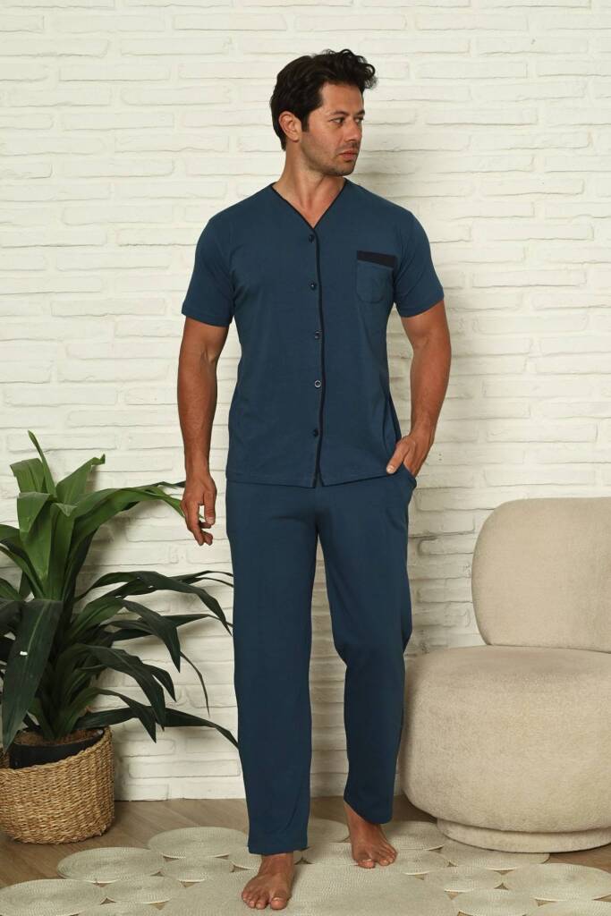Önden Düğmeli Erkek Pijama Takımı - İndigo Kısa Kol Likralı Pamuk 1230KY - 4