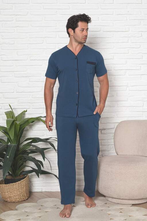 Önden Düğmeli Erkek Pijama Takımı - İndigo Kısa Kol Likralı Pamuk 1230KY - Alimer