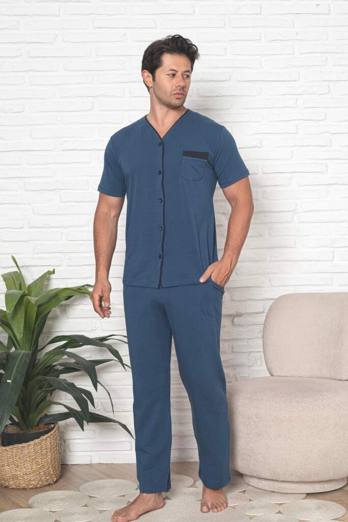 Önden Düğmeli Erkek Pijama Takımı - İndigo Kısa Kol Likralı Pamuk 1230KY - 4