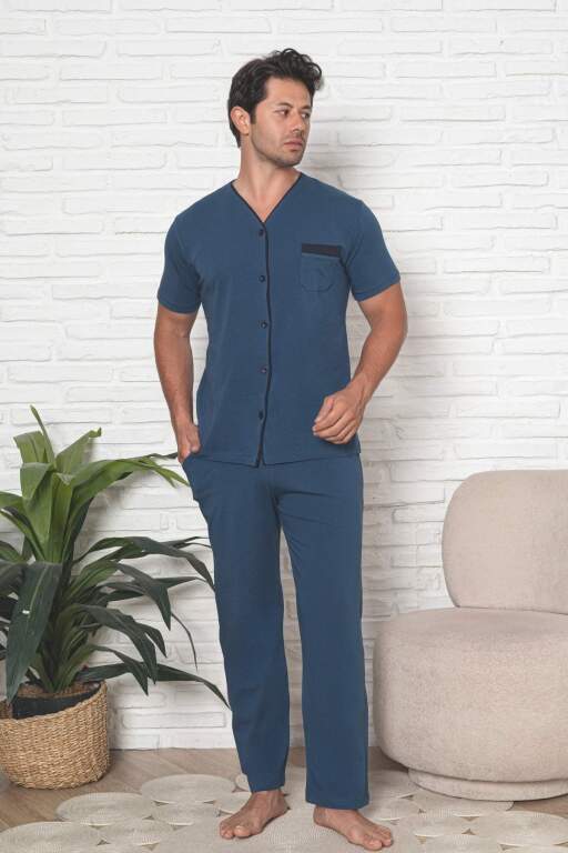 Önden Düğmeli Erkek Pijama Takımı - İndigo Kısa Kol Likralı Pamuk 1230KY - 3