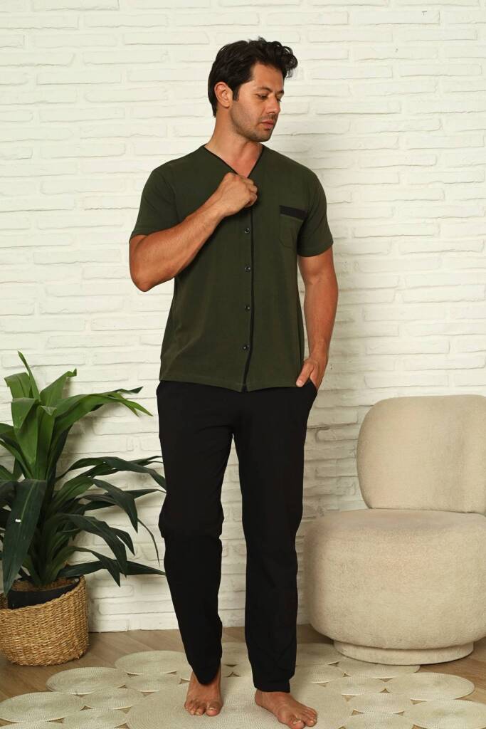 Önden Düğmeli Erkek Pijama Takımı - Yeşil Kısa Kol Likralı Pamuk 1230KY - 3