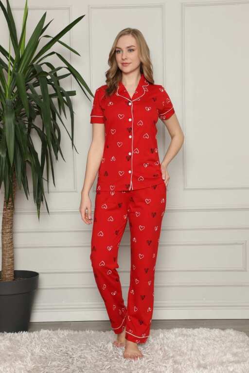 Önden Düğmeli Kadın Pijama Takımı - Kırmızı Kalp Desenli Penye 2581KY - 3