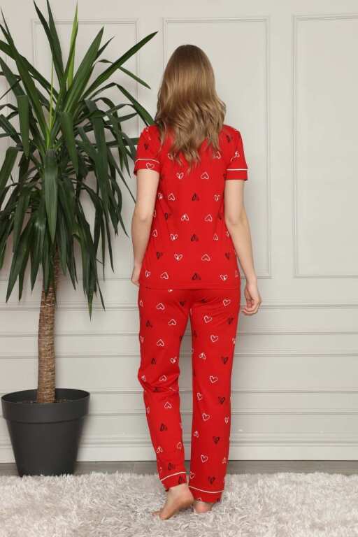 Önden Düğmeli Kadın Pijama Takımı - Kırmızı Kalp Desenli Penye 2581KY - 4