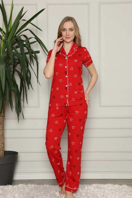 Önden Düğmeli Kadın Pijama Takımı - Kırmızı Kalp Desenli Penye 2581KY - Alimer