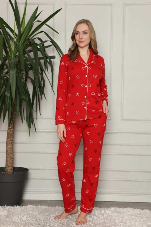 Önden Düğmeli Kadın Pijama Takımı - Kırmızı Kalp Desenli Penye 2581UY - Alimer