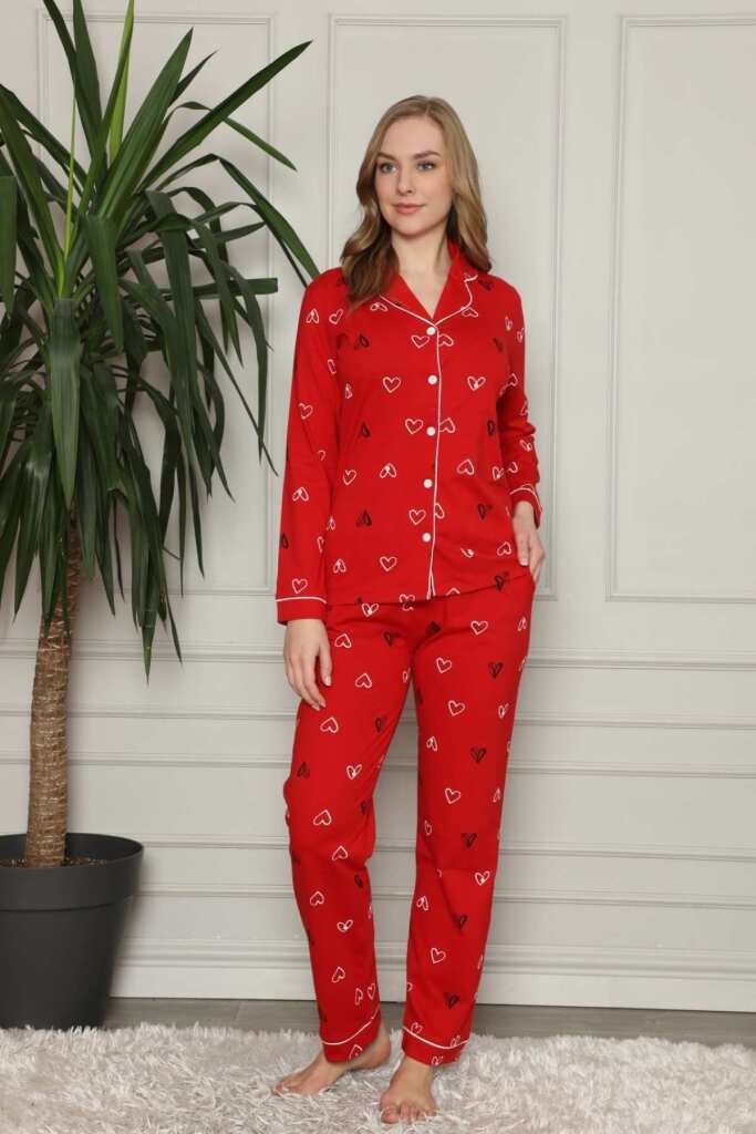 Önden Düğmeli Kadın Pijama Takımı - Kırmızı Kalp Desenli Penye 2581UY - 1