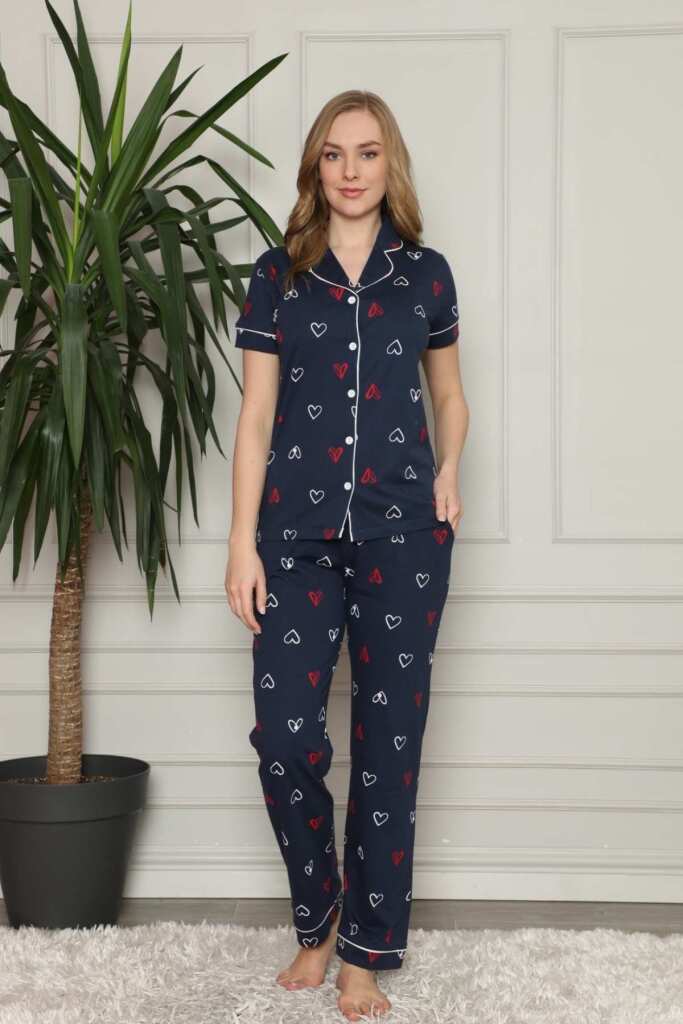 Önden Düğmeli Kadın Pijama Takımı - Lacivert Kalp Desenli Penye 2581KY - 1